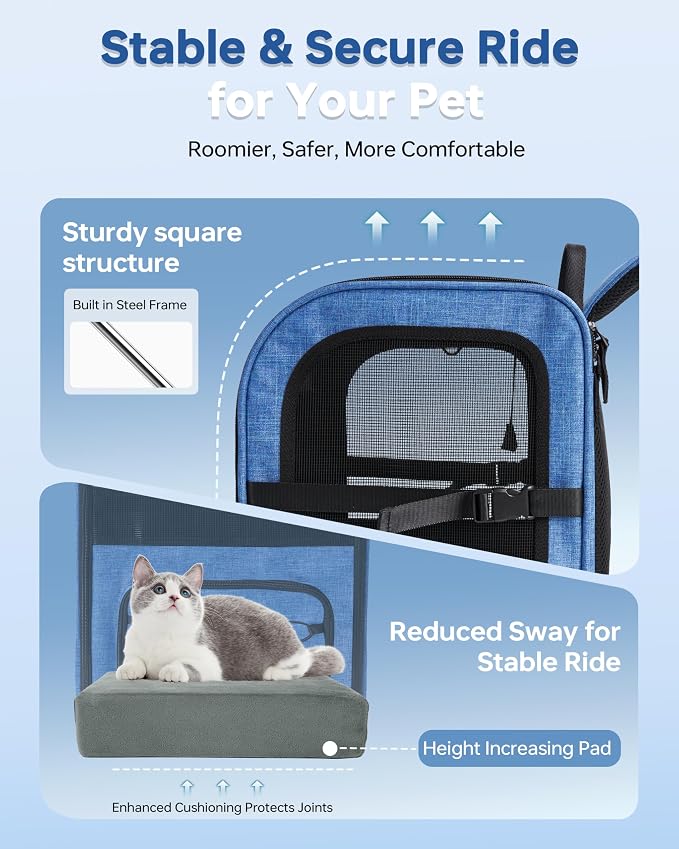 Hiking Dog Carrier Backpack, Padded Height-Enhancing Design, Adjustable Waist Cushioning Belt with Breathable Padded Back Support, Dog Carrier Backpack for Small Dogs Max 13LB Blue with Pad