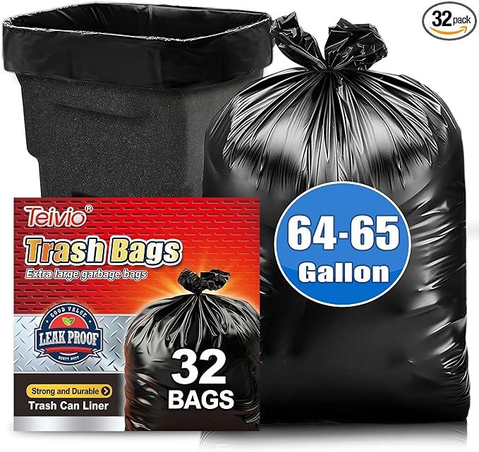 Teivio Black Large Trash Bags 64-65 Gallon 32 Count | Large Multipurpose | Fit 60,62,63,64,65 gallon Garbage Bin Liner | Kitchen | Lawn And Leaf Bags Outdoor Yard Waste Bag | Workshops Trash