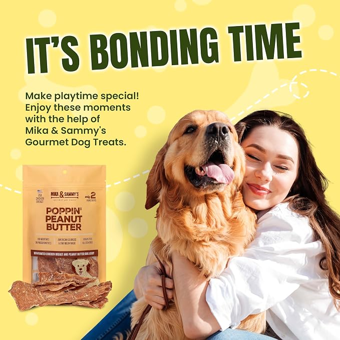Gourmet Chicken Jerky Dog Treats -Made in USA only, Cage-Free, No Additives (Mika & Sammy's Poppin' Peanut Butter 12 oz)