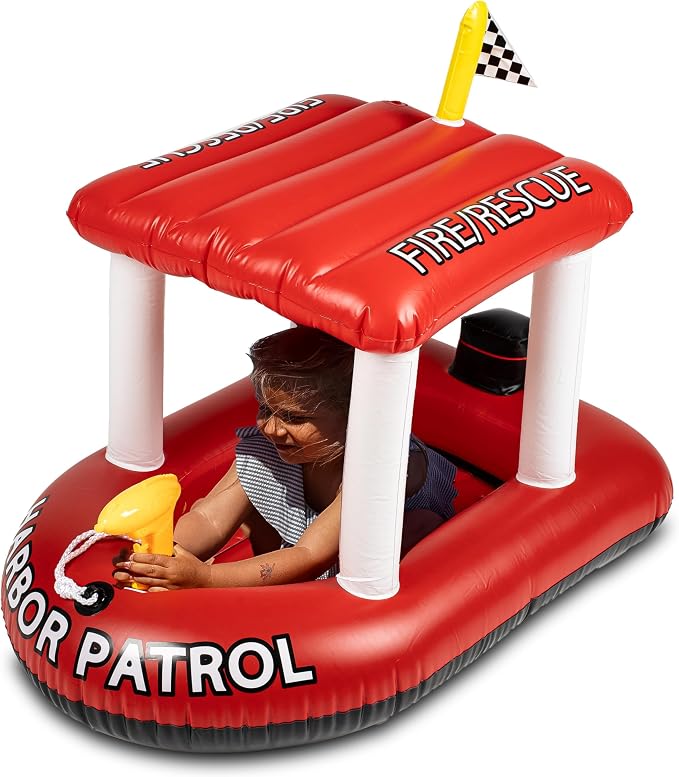 Police Boat Inflatable Pool Floats Kids, Toddler Harbor Master Police Patrol Inflatable Boat Pool Float Ride On, Fun Water Toy Squirter Pool Toy, Police & Fire Rescue Theme Pool Raft for Boys, Girl
