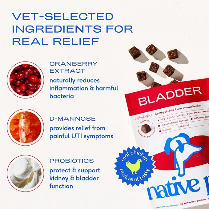 Native Pet Dog UTI Treatment - Cranberry Supplement for Dogs - Supports Normal Bladder Function, Urinary Tract & Kidney Health - Real Cranberry Extract, D-Mannose & Probiotics - Air-Dried - 120 Chews