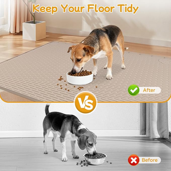 Dog Food Mat, 40" x 28" Large Silicone Mat Dog Feeding Mat with Raised Edge Non-Slip Pet Feeding Mat for Food and Water Bowl, Easy to Clean, Floor Protection (Khaki)