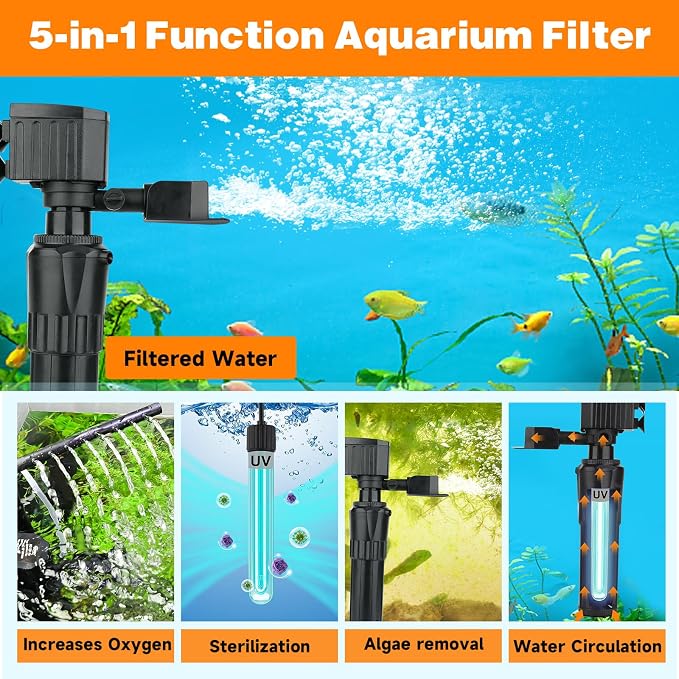 hygger Aquarium Filter U-V for 20-60 Gallon Tank, Submersible Internal Fish Tank Filter for Green Water and Algae Clean, 14W Power Pump with Adjustable Air Supply System for Saltwater Freshwater