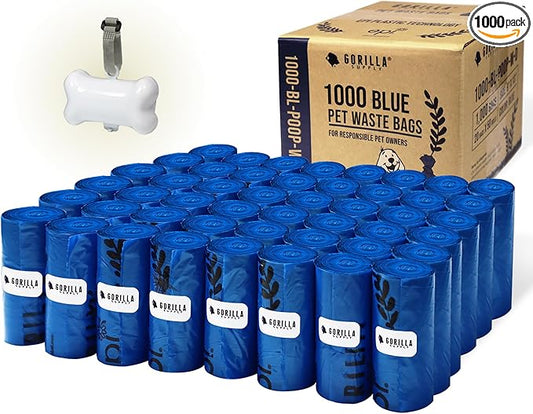 GORILLA SUPPLY 1000 Dog Poop Waste Bags with Dispenser and Leash Tie, 9" x 13", Blue, 1000 Count