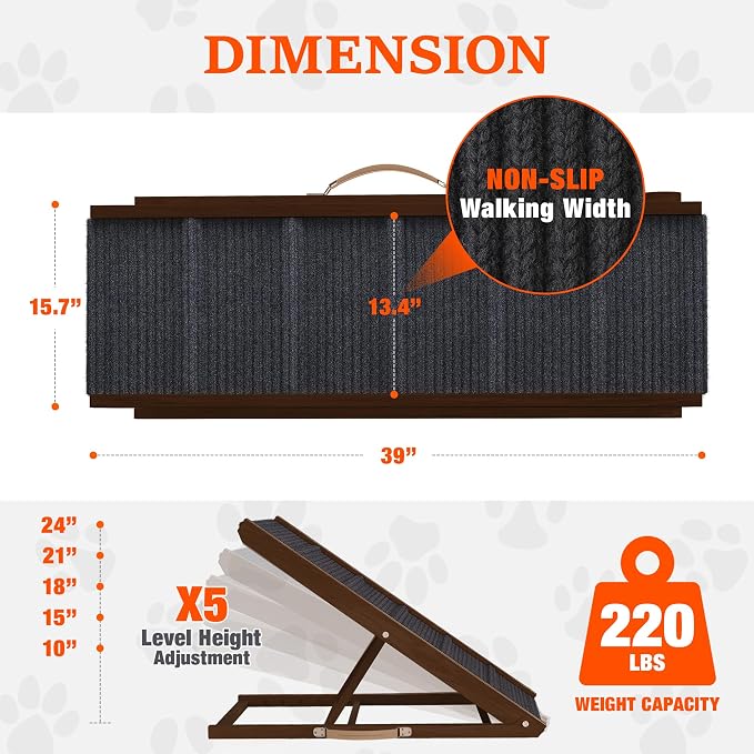 Adjustable Dog Ramp for Bed - 39" Long Foldable Wooden Ramp for Dogs to Get on Bed, Couch, or Car with 13.4" Wide Walking Space (Walnut Wood with Gray Carpet)