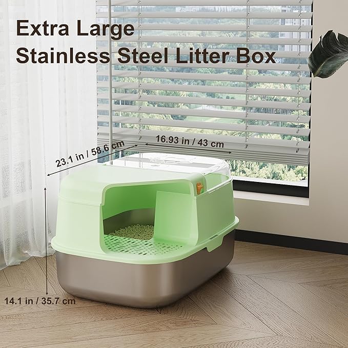 3-in-1 Convertible Cat Litter Box, ABS + Stainless Steel Pan, Enclosed Low Entry High Sided Box with Litter Trapping Grid, 23.1x16.93x14.1 Inch, for Senior Kittens & Large Cats（Green）