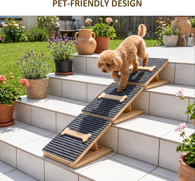 Dog Ramp for Stairs 2 Pack – Foldable Anti-Slip Wooden Pet Steps for Small Dogs, Adjustable Low-Angle Wedge Stair Ramp for Senior, Short-Legged & Injured Pets