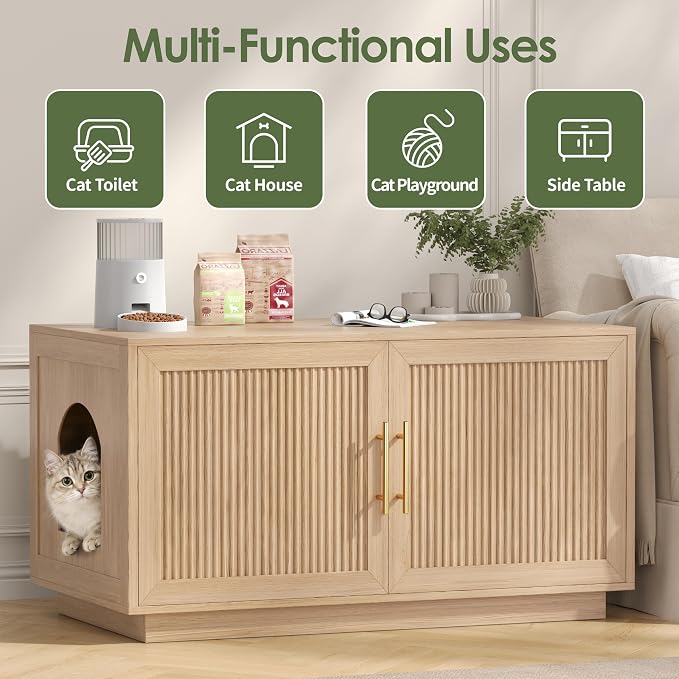 Fluted Cat Litter Box Enclosure, 31.5" Hidden Litter Box Furniture Cabinet with Double Doors, Reversible Entrance Left or Right Side, Indoor Cat House, Modern End Table for Living Room, Oak