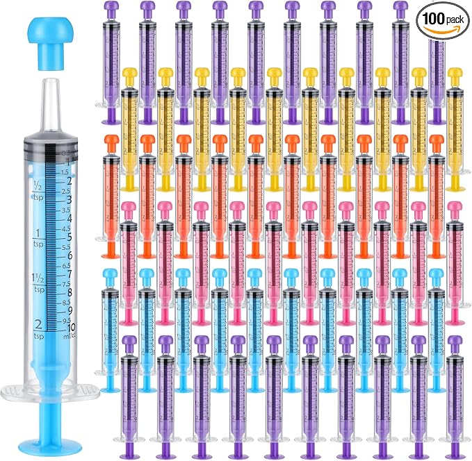 TrelaCo 100 Pieces Plastic Syringe for Liquid with Caps Colored Syringe Without Needle Colorful Measuring Tools Individually Sealed for Pet Feeding, Industrial Scientific Labs, 5 Colors(10 ml)