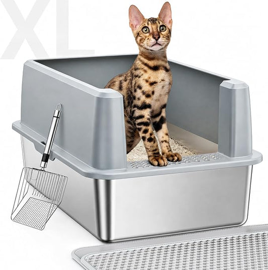 WoofiGo Stainless Steel Cat Litter Box with Lid, XL Extra Large Metal Kitty Litter Box Enclosed for Big Cats, High Sided, Anti-Urine Leakage, Non-Stick Bottom, Include Litter Mat & Metal Scoop (Gray)