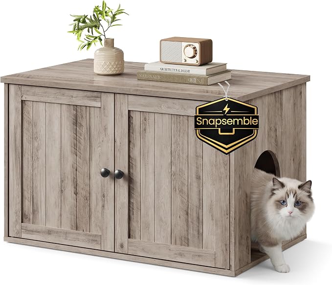 SONGMICS HOME Litter Box Enclosure, Snapsemble Superfast Assembly, Cat Litter Box Furniture, Push-to-Open Doors, Indoor Cat House, Greige UPCL233LK02S