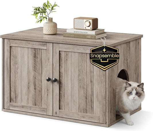 SONGMICS HOME Litter Box Enclosure, Snapsemble Superfast Assembly, Cat Litter Box Furniture, Push-to-Open Doors, Indoor Cat House, Greige UPCL233LK02S