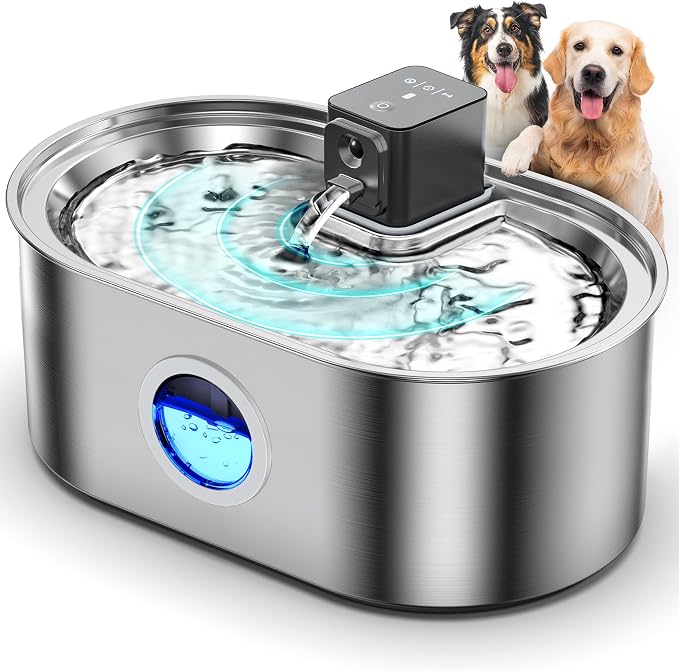 Wireless Dog Water Fountain, 8L/2.1Gal Battery Operated Dog Water Bowl Dispenser, Cordless Stainless Steel Pet Water Fountain with 3 Motion Sensor for Multi-Pets, Easy Setup