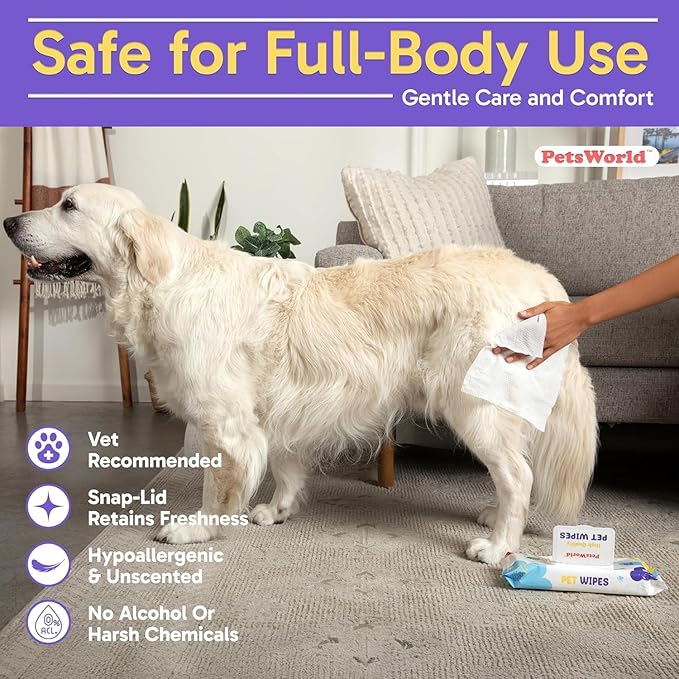 PETSWORLD 3-in-1 Pet Wipes | Hypoallergenic, Unscented & Biodegradable Grooming Wipes for Body, Paws & Butt | Thick, Durable, Daily Use Pet Cleaning Wipes (50 Count)