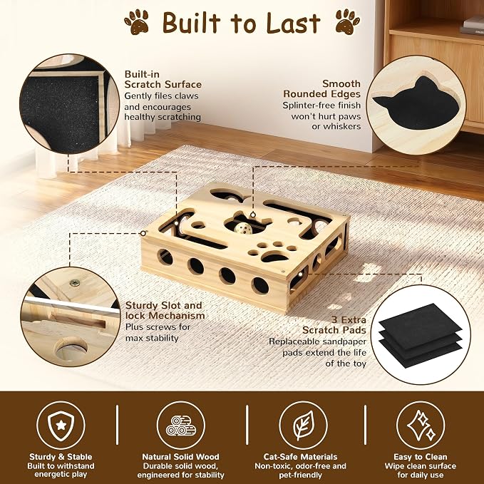 Cat Nail File Box, Interactive Wooden Cat Scratch Puzzle Toy with Sandpaper, Includes 3 Bell Balls & 3 Replacement Pads for Indoor Cats, Stress-Free Enrichment Claw Care (Regular)
