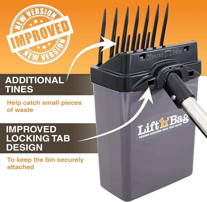 Neater Pet Brands Lift N’ Bag 2.0 Dog Pooper Scooper with Bag Attachment & 22" Pole for Small to Large Dogs, New & Improved Design, 15 Refill Bags, Heavy Duty Dog Poop Scooper for Yard, One-Hand Use