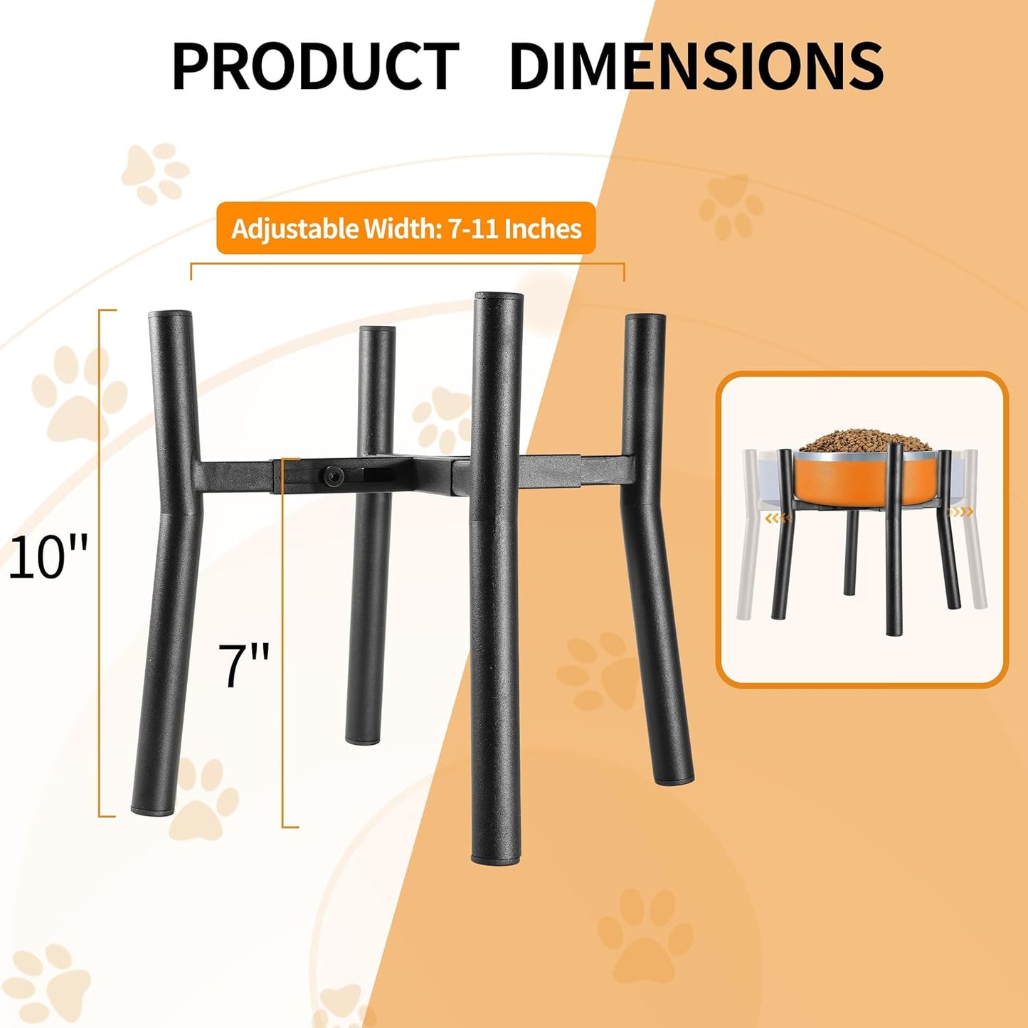 Lifted Dog Bowl Stand - Without Bowls, Single Raise Pet Food Table Adjustable Wide 7-11", Tall 10" - Bowl Stand Size Optional, Dog Bowl Holder Elevated for Small Medium Large Dog Breed