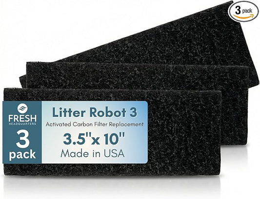 Fresh Headquarters Activated Litter Robot 3 Carbon Filters - Activated Charcoal Replacement Filter, Pre-Cut 3.5” x 10” Litter Robot Accessories - Odor Control & Dust Reduction - Made in USA - 3-Pack