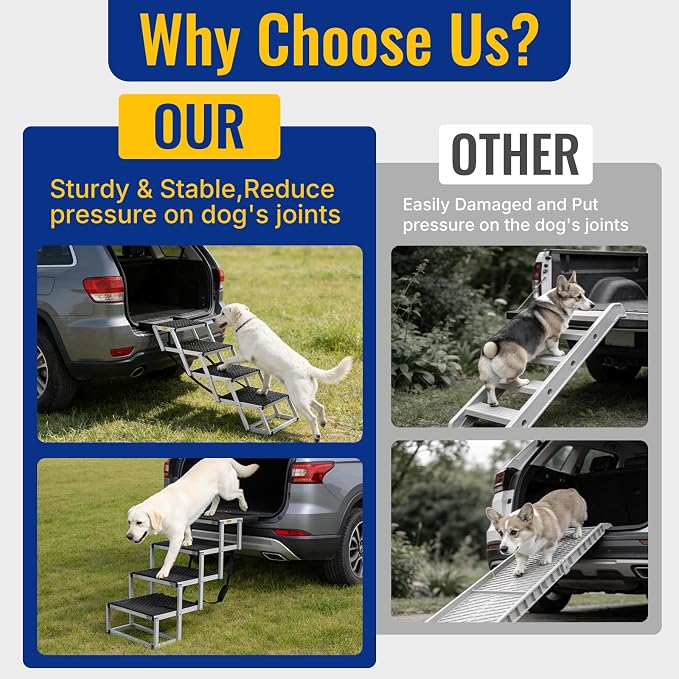 Foldable Dog Ramp for Car - Lightweight Aluminum Dog Stairs for Large Dogs, 5-Step Dogs Ladder for SUV/Truck/Indoor Bed and Sofas, Portable Pet Steps with 154 lbs Capacity