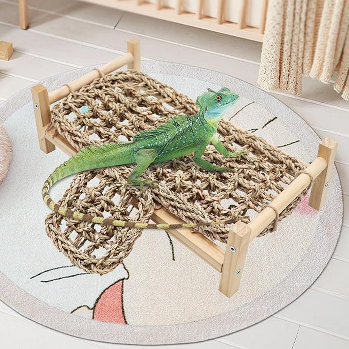 Dnoifne Bearded Dragon Bed with Climbing Ramp - Natural Wood and Seagrass Hammock, Reptile Tank Basking Platform Accessories for Leopard Gecko Lizard Frog - 12.6 × 7.1 × 3.9 inch