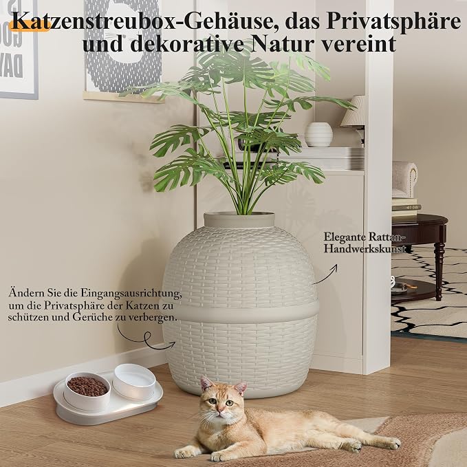 Wisteria Lane Cat Litter Box, Hidden Enclosure with Faux Plant & Rattan Pattern, Cat Bed & Litter Box 2-in-1, Heavy Duty PP Litter Box Enclosure for Living Room, Bedroom, Corner, Laundry Room, White