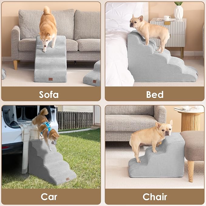 EHEYCIGA Curved Dog Stairs Ramp for High Beds 22.6" H, 5-Step Dog Steps for Small Dogs and Cats, Pet Stairs for High Bed Climbing, Non-Slip Balanced Pet Step Indoor, Light Grey