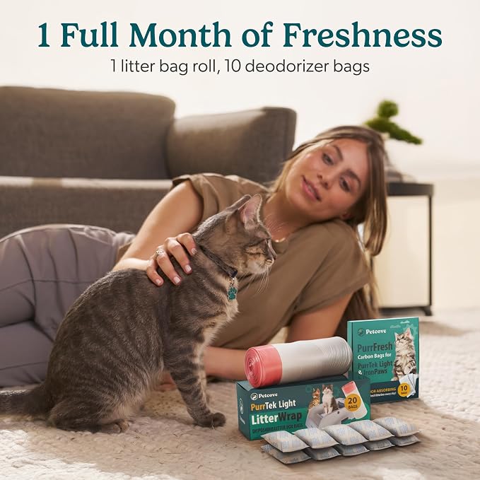 Petcove Cat Litter Box Liners, Carbon Litter Deodorizers Bundle For PurrTek Max & Light| Drawstring Bags for Automatic & Self-Cleaning Litter Boxes | Unscented (PurrTek Light Accessories)