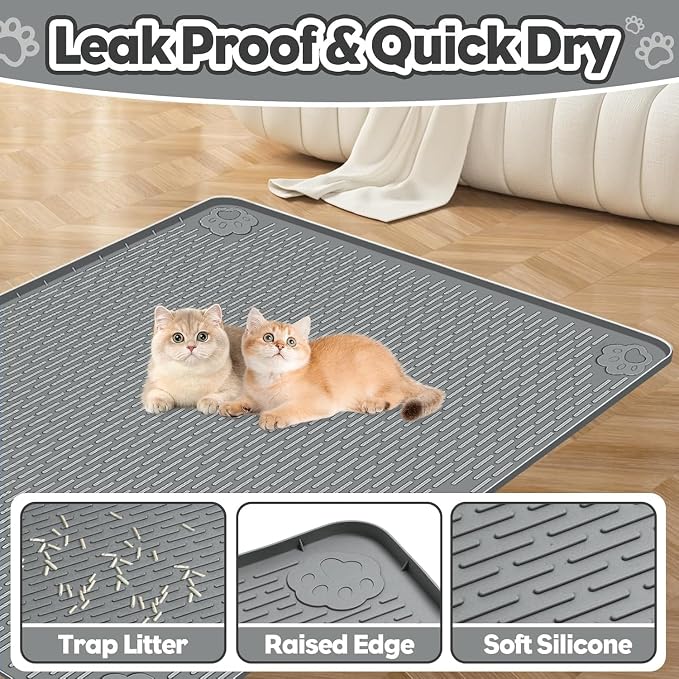 Kalolary Cat Litter Box Mats, Large 34" x 22" Silicone Cat Mat, Easy to Clean Kitty Litter Trapping Mat, Soft on Kitty Paws, Waterproof, Urine-Proof Kittys Litter Mats for Floor, Dark Grey