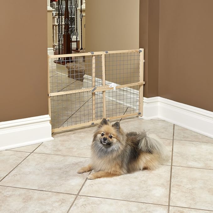New World Wire Mesh Pet Safety Gate, Dog Gate Expands to 41.5 Inches Wide, 24 Inches Tall, No Damage to Walls, Natural Wood and Powder Coated Wire