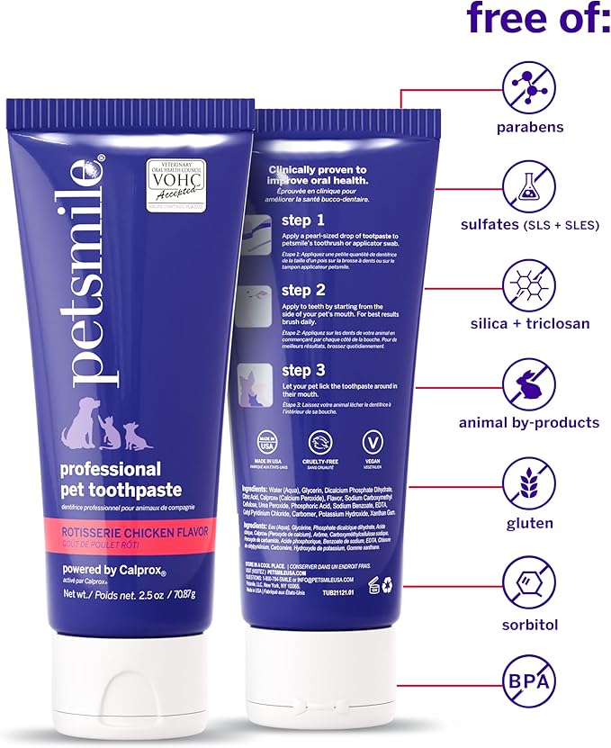 Petsmile Professional Pet Teeth Brushing Kit for Cats & Dogs - VOHC Accepted Toothpaste & Patented Toothbrush - Proven to Control Plaque & Tartar Calprox Formula (Rotisserie Chicken, 2.5 Oz)
