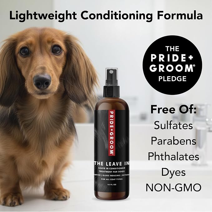 Pride and Groom The Leave in – Dog Conditioner and Detangler Spray Made in USA with Clean Ingredients & Signature Scent to Nourish, Moisturize, Repair, & Add Shine to All Pet Coat Types – 12 fl oz