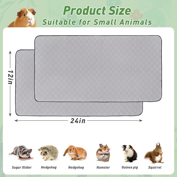 Guinea Pig Cage Liners, 12''X24'' Washable Guinea Pig Pee Pads, Non Slip Reusable Super Absorbent Guinea Pig Training Mat Bedding Fleece for Small Animals Hamster Rabbit Chinchilla Rat, 2Packs