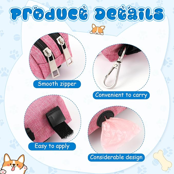 Aliceset 4 Pcs Dog Poop Bag Holder for Leashes Fabric Dog Poop Bag Dispenser and Treat Holder with 8 Rolls Pet Waste Pouches(Brown and Yellow, Black, Pink, Blue,Double Zipper)
