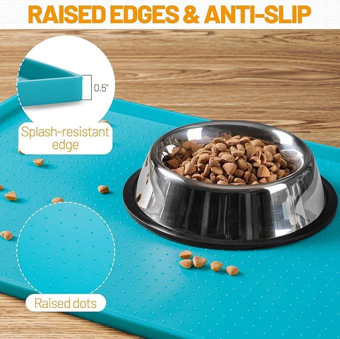 Hubulk Dog Feeding Mat,100% Waterproof BPA Free Silicone Pet Food and Water Bowl Placemat,Dishwasher, High Raised Edge to Prevent Spills,Nonslip Tray to Stop Messes on Floor (24"x16"x0.5", Teal)