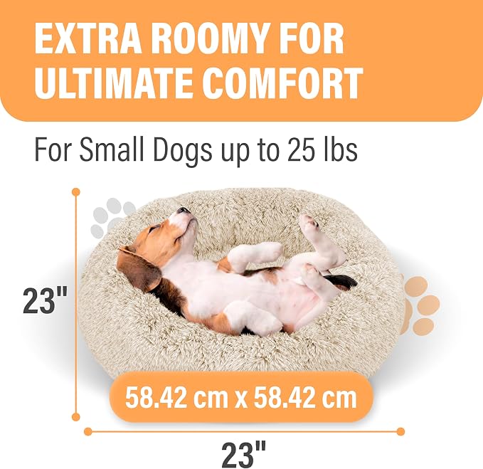 Active Pets Premium Small Donut Dog Bed, Fits Up to 45 lbs, Machine Washable Cushion, Plush Long Pile Faux Fur Fabric, Portable Beige Pet Bed Furniture for Puppies Adult Canines & Cats