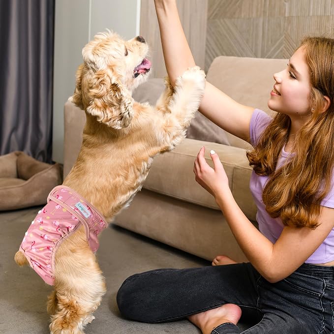 Langsprit Washable Female Dog Diapers - Doggie Reusable Diapers for Doggy Puppy Female in Period - Highly Absorbent Dog Heat Panties (Flamingo Duck) M