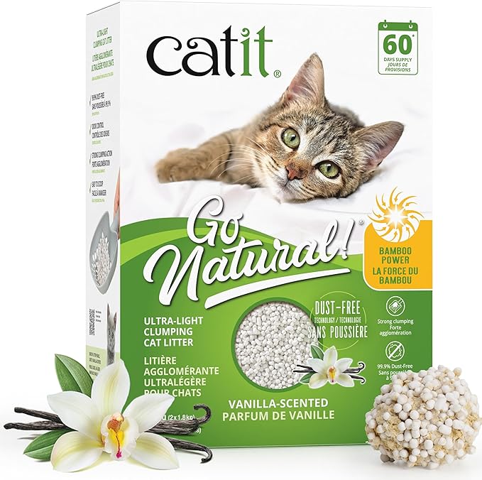 Catit Go Natural Ultra-Light Clumping Cat Litter, Bamboo Pellets, Dust-Free, Lightweight, Compostable, Vanilla Scent, Soft on Paws, Deodorizing, Eco-Friendly Litter 7.9lb