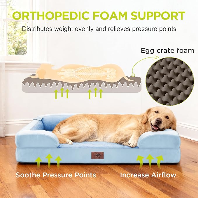 Orthopedic Memory Foam Dog Bed, 36x27, Waterproof for Large Dogs | Removable, washable cover • Waterproof memory foam liner • Bolstered couch design for joint relief • Includes tennis ball toy