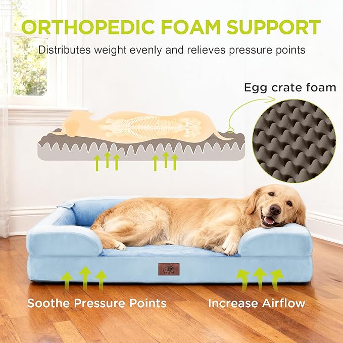 Orthopedic Memory Foam Dog Bed, 42x30, Waterproof for Large Dogs | Removable, washable cover • Waterproof memory foam liner • Bolstered couch design for joint relief • Includes tennis ball toy
