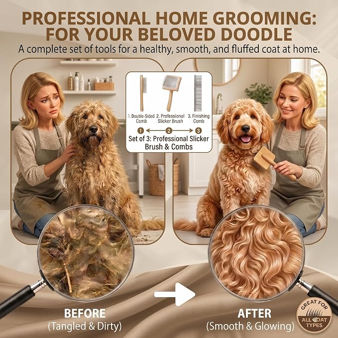 Slicker Brush for Dogs, Large Dog Grooming Brush for Doodles Goldendoodles Poodles Labradoodle Bernedoodles, Long Combs to Wavy & Curly Hair - Wooden Handle 3 Pcs - Nature