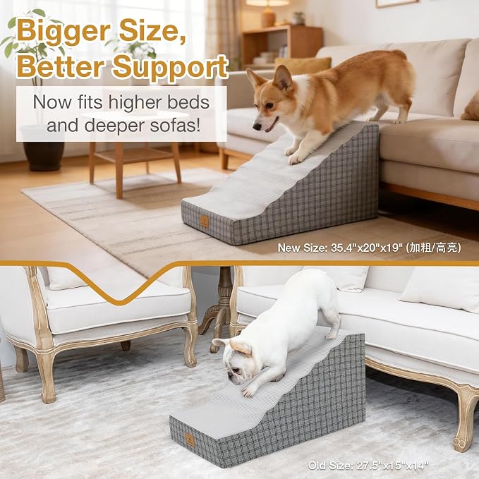 19" Pets Ramp for High Beds, Small Dogs & Senior Cats - Non-Slip Texture & Machine Washable Cover - Supportive Foam for Joint Comfort, Easy Climb for Couch, Sofa, Furniture (Gery-L)
