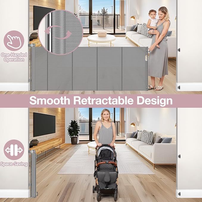 Reinforced 72" Wide Retractable Dog Gate with Support Rods - Prevent Crawling Under Extra Wide Baby Gate Retractable Gate Outdoor, Retractable Pet Gate Long Dog Gate, Mesh Gates for Kids or Pets, Gray