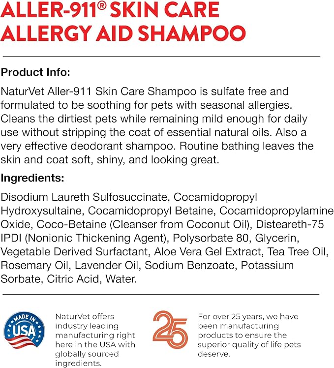 NaturVet Aller-911 Skin Care Allergy Aid Pet Shampoo with Aloe Vera – Pet Health Supplement Shampoo & Grooming Aid for Dermatitis, Dog Skin Allergies, Itching, Hot Spots, Cat Rashes – 16 Oz.