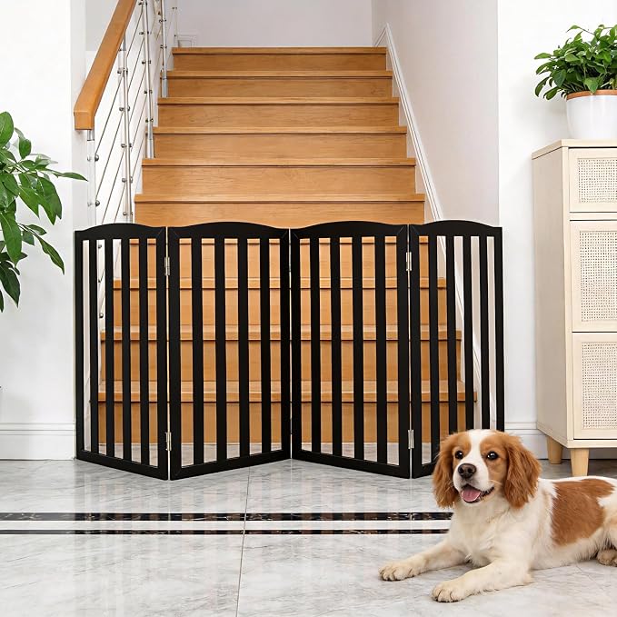 Freestanding Dog Gate Indoor,Doggie Gate Foldable Pet Gates for Doorways,Stairs or Hallways, Wooden Black Pet Gate for the House, Pet Fence,32 "Height-4 Panels