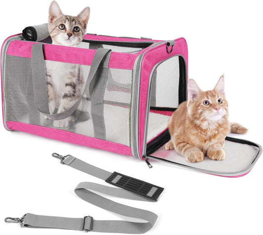 Pet Carrier for Large Cats of 20 Lbs, Collapsible Carrier Bag for Big Cat or 2 Kittens,Soft Sided Puppy Carrier with Sturdy Travel Transport Strap, Adequate Ventilation, 4 Mesh Windows (Pink)