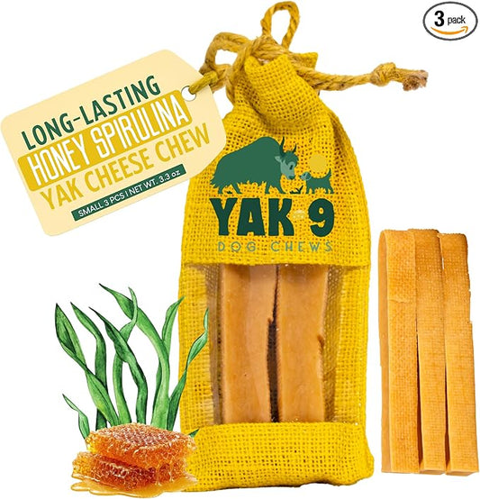 Yak9 Himalayan Yak Cheese Dog Chew, Honey & Spirulina | High Protein Treats, High Fiber, Rawhide Free, Long Lasting Treats | Small Yak Chew, 3 PC