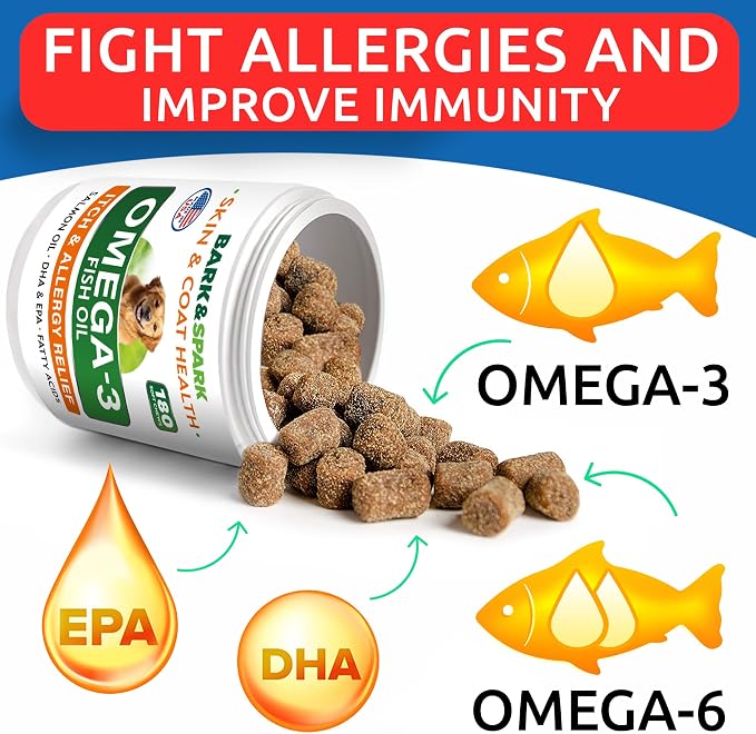 BARK&SPARK Omega 3 for Dogs and Cats-180 Fish Oil Treats for Dogs & Cats Shedding, Skin Allergy, Itch Relief, Hot Spots Treatment-Joint Health-Skin and Coat Supplement-EPA & DHA Fatty Acids-Salmon Oil
