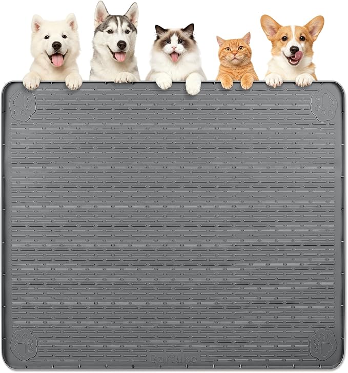 Dog Food Mat, Extra Large 40" x 40" Silicone Pet Feeding Mat with Raised Edge Pet Placemat for Small, Medium, and Large Pets Non-Slip, Easy to Clean (Dark Grey)