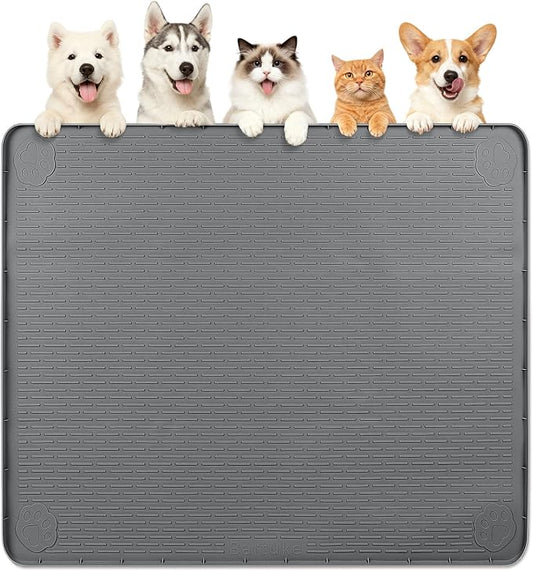 Dog Food Mat, Extra Large 40" x 40" Silicone Pet Feeding Mat with Raised Edge Pet Placemat for Small, Medium, and Large Pets Non-Slip, Easy to Clean (Dark Grey)