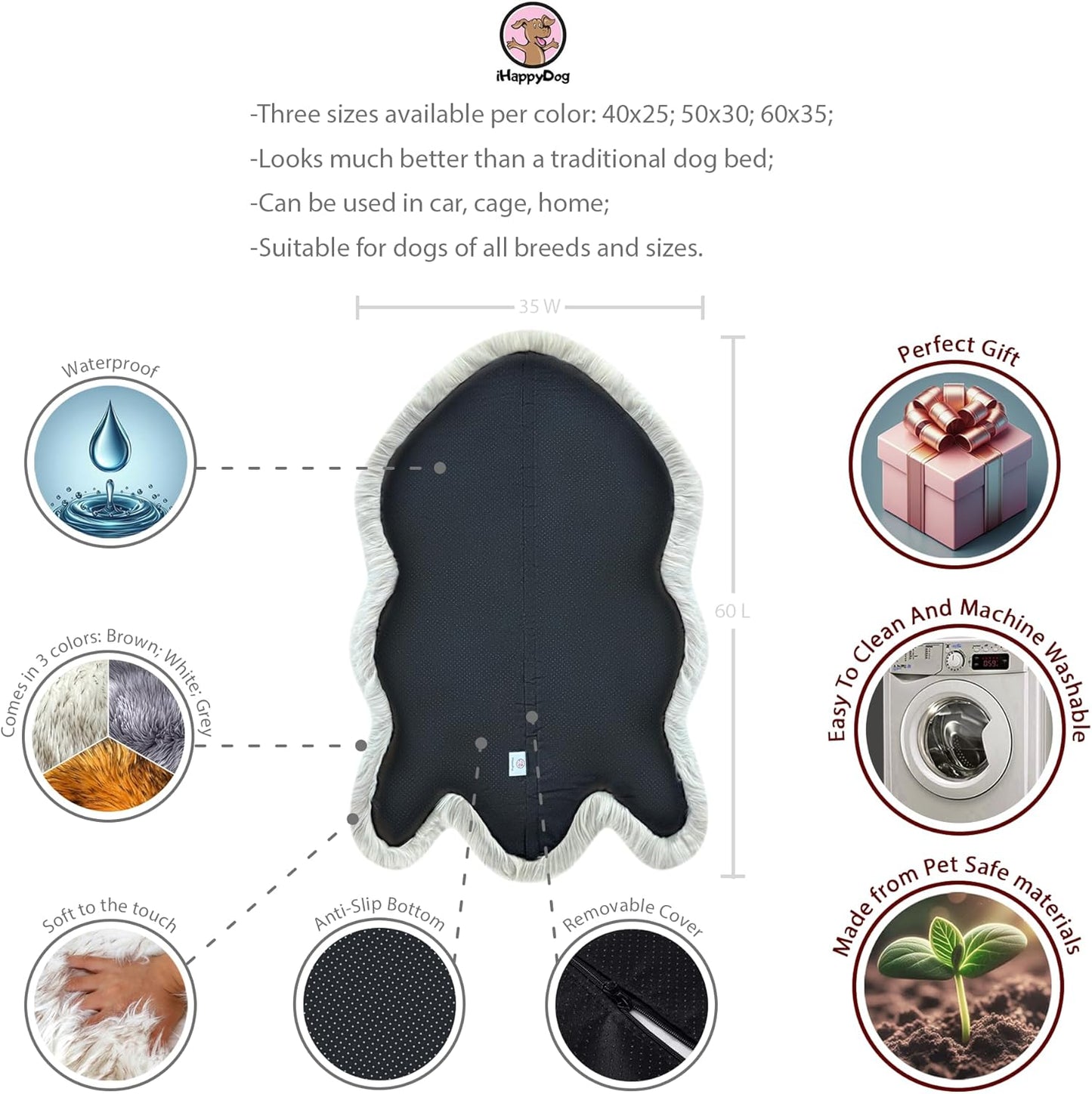 IHAPPYDOG Luxury Faux Fur Orthopedic Dog Bed, Memory Foam Dog Bed for Small, Medium, Large and XL Pets, Fluffy Pet Bed with Waterproof and Washable Cover (Grey, 60"x35")